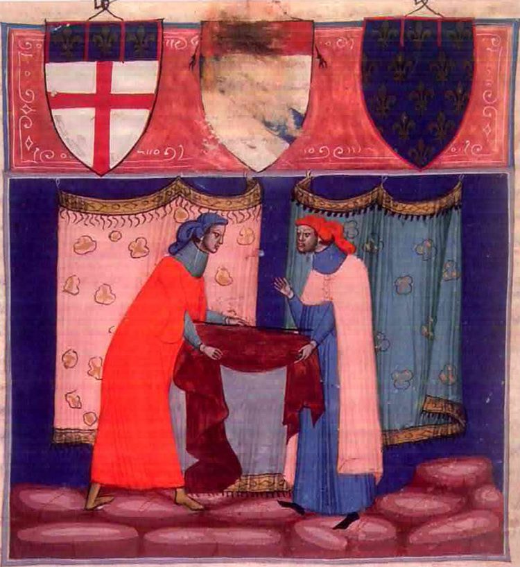immagine: Contrattazione sui panni fra mercanti. Statuto della Società dei mercanti, 1329. Archivio di Stato di Bologna